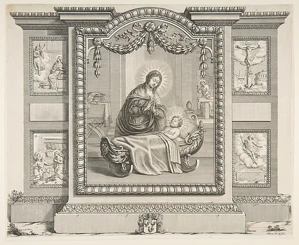 The Nativity with Scenes of The Annunciation, The Adoration of the Shepherds, The Crucifixion and The Resurrection by Abraham Bosse depicting Luke 1