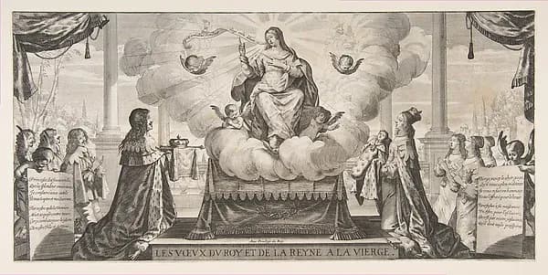 Almanach for 1639: Louis XIII and Anne of Austria Entrusting the Kingdom and the Prince under the Protection of the Virgin by Abraham Bosse depicting Luke 1