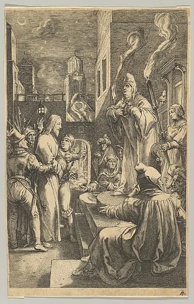 Christ before Caiaphas, from "The Passion of Christ" by Ludovicus Siceram depicting Matthew 26