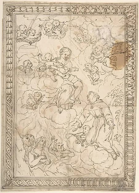 Kneeling Saint and Lost Souls before the Madonna and Child, with Four Alternate Border Designs by Anonymous, Italian, 17th century depicting Luke 2
