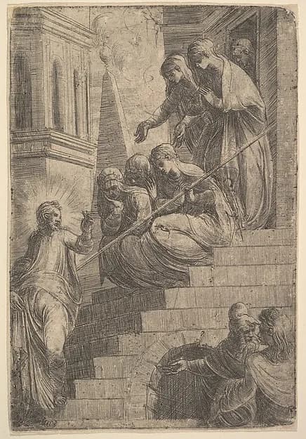 Christ addressing a group of women seated and standing on steps by Andrea Schiavone (Andrea Meldola) depicting John 1