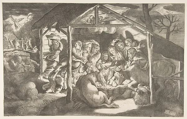 The adoration of the shepherds, various figures at night surround the Christ Child by Giulio Bonasone depicting Luke 2