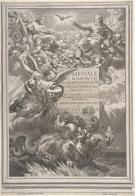 The holy trinity with Saint Michael vanquishing a six-headed dragon, frontispiece to 'Missale Romanum ex decreto sacrosancti Concilii tridentini restitutum' by Pietro da Cortona (Pietro Berrettini) depicting Revelation 12