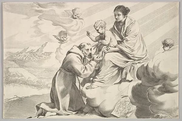 St Francis of Assisi Adoring the Christ Child on the Virgin's Lap by Claude Mellan depicting Matthew 5