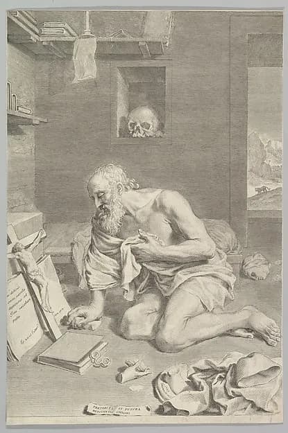St. Jerome Praying in His Cell (Saint Jérôme pénitent) by Claude Mellan depicting Matthew 27