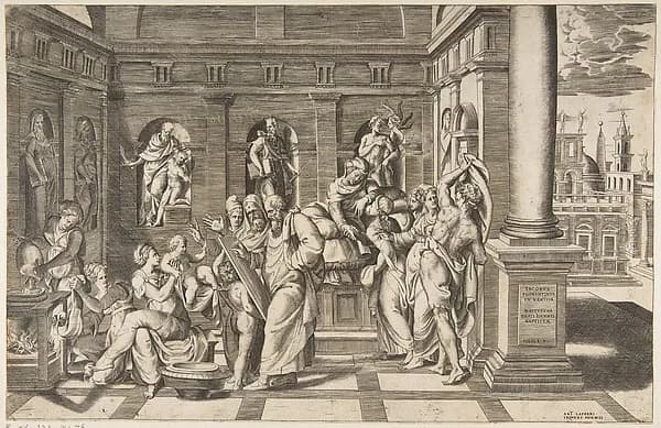 The birth of Saint John the Baptist set within a classical building by Giulio Bonasone depicting Luke 2