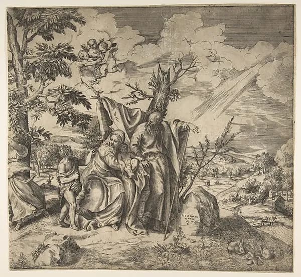 The rest of the Holy Family on their flight to Egypt by Giulio Bonasone depicting Luke 2