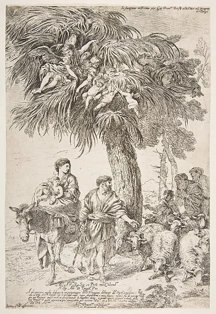 The Holy Family on their flight into Egypt by Giovanni Benedetto Castiglione (Il Grechetto) depicting Matthew 2
