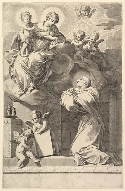 Saint Bernard Kneeling before the Virgin and Child by Claude Mellan depicting Luke 2