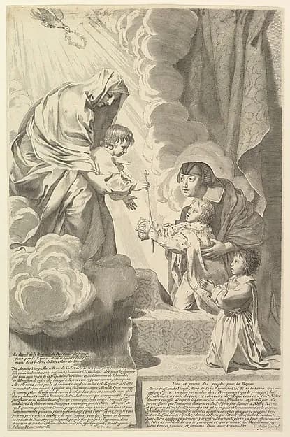 Anne of Austria with the Young Louis XIV and Monsieur before the Virgin and Child (Anne d'Autriche déposant le régence du royaume de France entre les mains de la Vierge Marie) by Claude Mellan depicting Luke 2