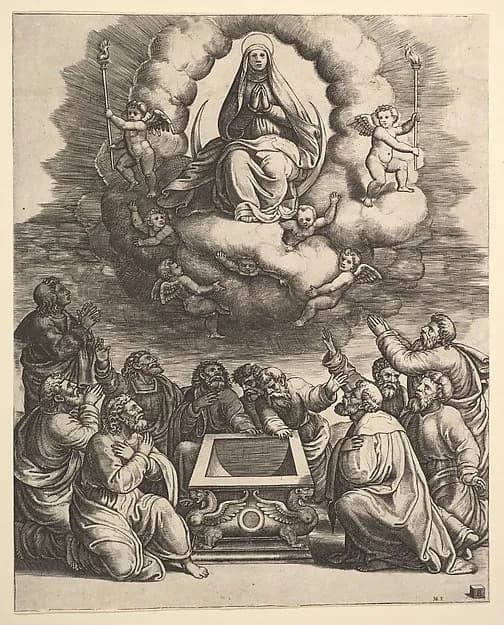 The Assumption of the Virgin, below the apostles surround the tomb by Master of the Die depicting Luke 1