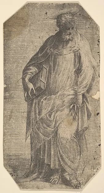 Saint Philip standing with a book under his right arm, from "Christ and the Apostles" by Andrea Schiavone (Andrea Meldola) depicting John 1