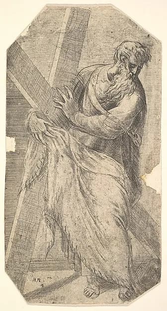 Saint Andrew holding a large cross, from "Christ and the Apostles" by Andrea Schiavone (Andrea Meldola) depicting Matthew 4