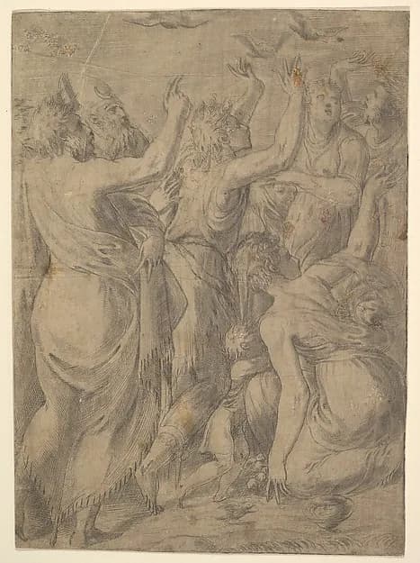 Moses showing the quails to the Israelites (the miracle of the quails and manna) by Andrea Schiavone (Andrea Meldola) depicting Exodus 2