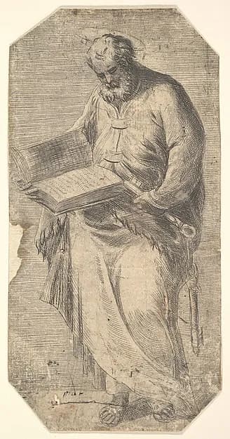 Saint Peter holding a large open book, keys by his side, from "Christ and the Apostles" by Andrea Schiavone (Andrea Meldola) depicting Matthew 4