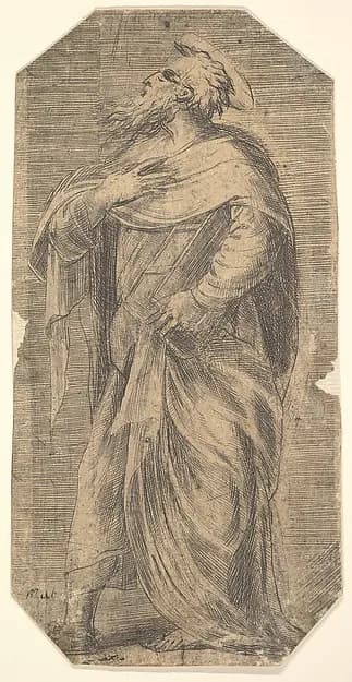 Saint Jude facing left, book under his left arm, from "Christ and the Apostles" by Andrea Schiavone (Andrea Meldola) depicting Jude 1