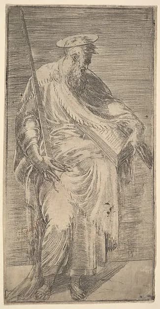 Saint Paul holding a sword and a book, from Christ and the Apostles by Andrea Schiavone (Andrea Meldola) depicting Acts 9