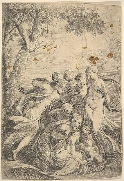 The infant Moses rescued from the Nile by Andrea Schiavone (Andrea Meldola) depicting Exodus 2