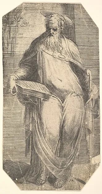 Saint Simon standing, supporting a book on his right thigh, from "Christ and the Apostles" by Andrea Schiavone (Andrea Meldola) depicting John 1