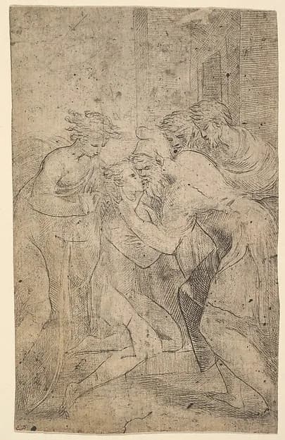The return of the prodigal son who falls at his father's feet by Andrea Schiavone (Andrea Meldola) depicting Luke 15