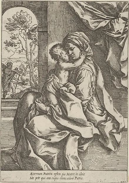 The Virgin seated with the Christ Child on her lap embracing her, Joseph seen through an archway at left by Guido Reni depicting Luke 2