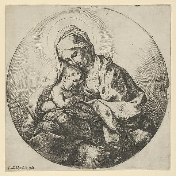 The Virgin holding the infant Christ with the fingers of her right hand hidden, a circular composition by Guido Reni depicting Luke 2