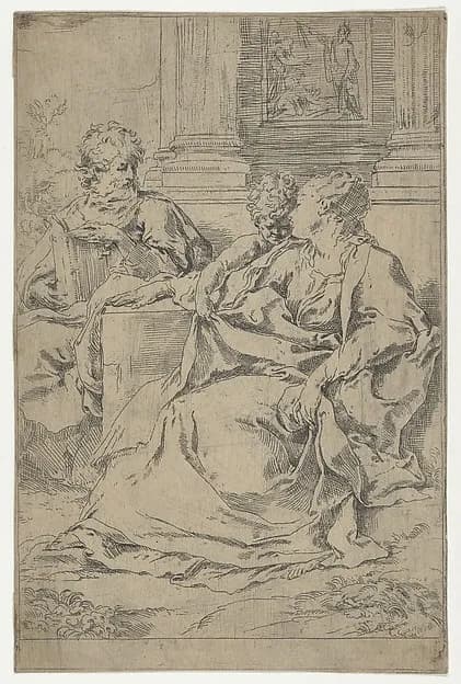 The Holy Family seated together in front of a collonade, Saint Joseph reading and the young Christ grasping the Virgin's drapery by Guido Reni depicting Luke 2