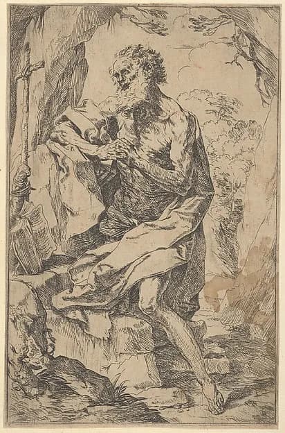 Saint Jerome kneeling on a rock in front of a cross and an open book facing left by Guido Reni depicting Romans 8