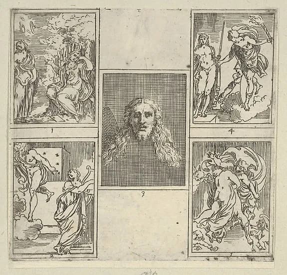 Five numbered scenes, each after a painter in the Accademia Degl'Incamminati, from IL FUNERALE D'AGOSTINO CARRACCIO FATTO IN BOLOGNA SUA PATRIA DAGL'INCAMINATI Academici del Disegno: 1. Painting and Poetry mourning the death of Agostino Carracci, painted by Francesco Brizio; 2. Painting with a lyre and Apollo pointing to stars on Carracci's grave, design by Giacomo Cavedone; 3. The head of Christ, painted by Agostino Carracci; 4. Prometheus with a torch and Athena behind him, painted by Alessandro Albini; 5. Aurora abducting Cephalus, painted by Leonello Spada. by Guido Reni depicting John 1