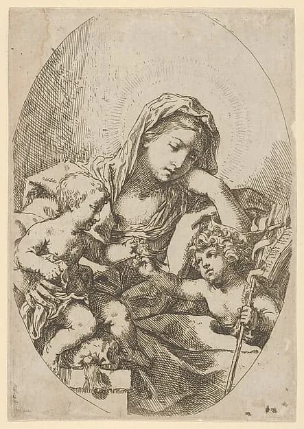 The Virgin with the Christ Child and the young Saint John the Baptist holding a bird at right, an oval composition, after Reni by Lorenzo Loli depicting Matthew 3