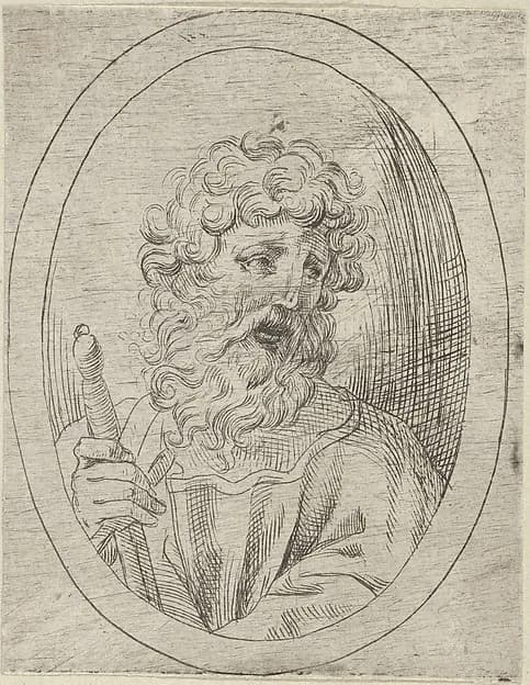 Saint Paul holding a sword, in an oval frame, from "Christ, the Virgin, and Thirteen Apostles" by Anonymous, 17th century depicting Acts 9