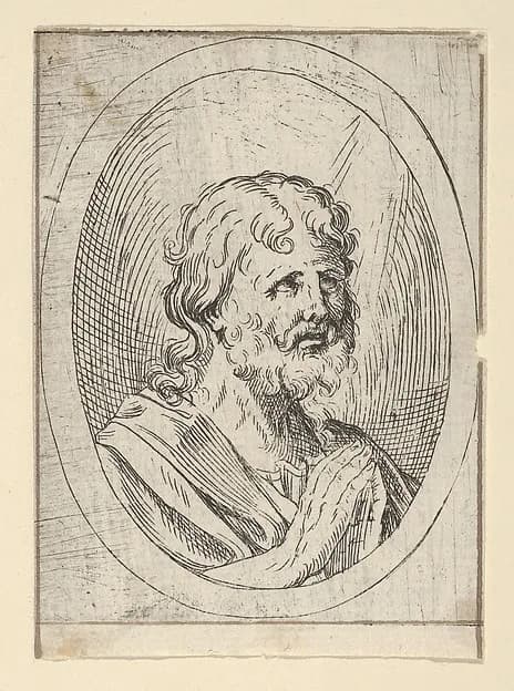 An apostle raising his eyes in prayer, in an oval frame, from "Christ, the Virgin, and Thirteen Apostles" by Anonymous, 17th century depicting Matthew 10