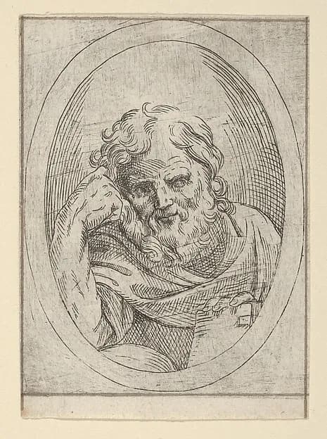 An apostle resting his head on his right hand and holding a book, in an oval frame, from "Christ, the Virgin, and Thirteen Apostles" by Anonymous, 17th century depicting Matthew 10
