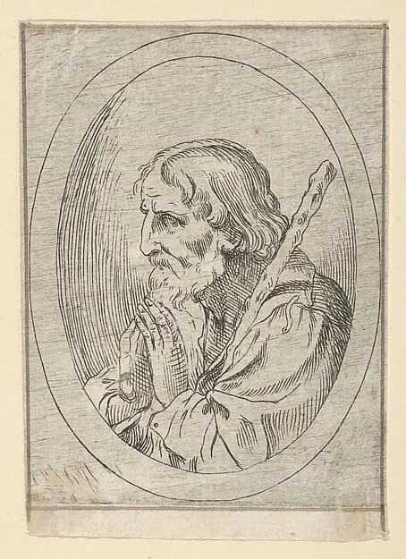 Saint Jude in prayer, seen in profile facing left with a staff resting on his shoulder, in an oval frame, from "Christ, the Virgin, and Thirteen Apostles" by Anonymous, 17th century depicting Jude 1