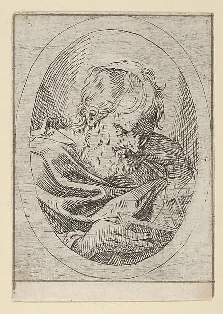 An apostle resting his head on his left hand and reading a book, in an oval frame, from "Christ, the Virgin, and Thirteen Apostles" by Anonymous, 17th century depicting Matthew 10