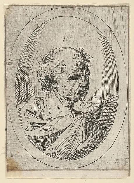 An apostle seen from behind and turning to the right, holding an open book, in an oval frame, from "Christ, the Virgin, and Thirteen Apostles" by Anonymous, 17th century depicting Matthew 10