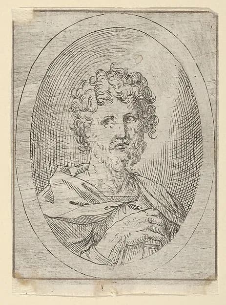 An apostle holding a closed book and looking to the left, in an oval frame, from "Christ, the Virgin, and Thirteen Apostles" by Anonymous, 17th century depicting Matthew 10
