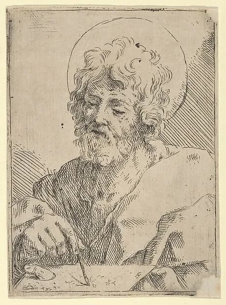 Saint Luke holding a paint brush and palette, after Reni (?) by Anonymous, 17th century depicting Luke 1