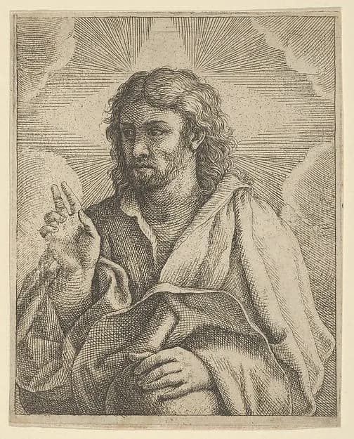 Christ holding a globe, looking to the left and making the sign of blessing with his right hand, clouds behind him, after Reni (?) by Anonymous, 17th century depicting John 1