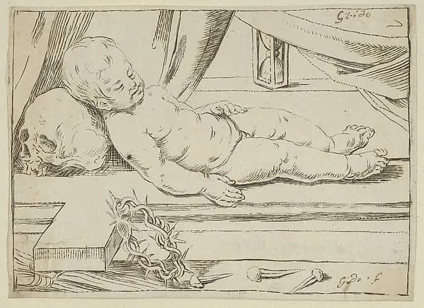 The infant Christ asleep on a cross, his head resting on a skull, a crown of thorns and nails in the foreground by Anonymous, Italian, 17th century depicting John 1