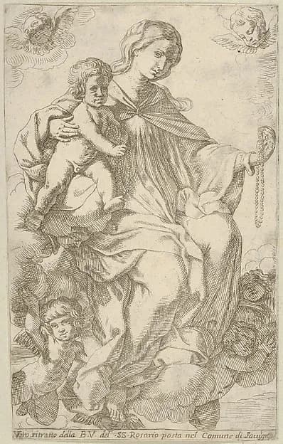The Virgin in the clouds holding a rosary in her left hand and embracing the infant Christ, who also holds a rosary, angels surrounding them by Lorenzo Loli depicting Luke 2