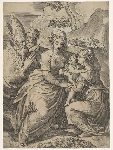 Madonna and Child with Saints (after Parmigianino) by Battista Angolo del Moro depicting Luke 2