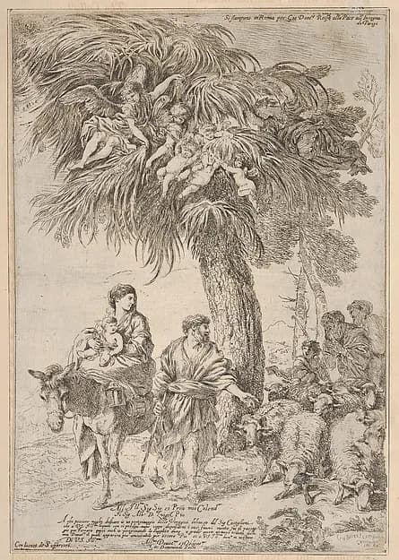 The Holy Family on their flight into Egypt by Giovanni Benedetto Castiglione (Il Grechetto) depicting Matthew 2