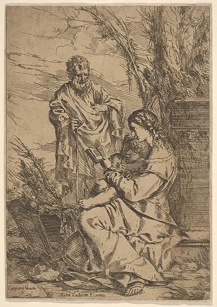 Holy Family with the Virgin reading, the Virgin sits in profile with a book in her left hand and the Child facing the viewer, Joseph stands behind them with a staff in his right hand by Giulio Carpioni depicting Luke 2