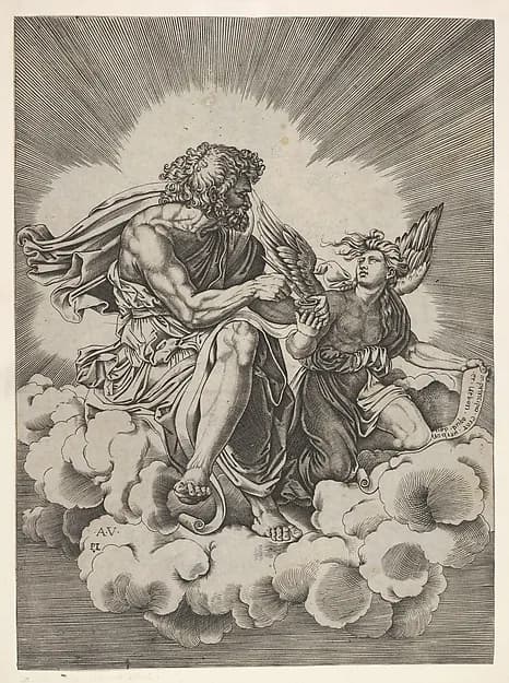 St. Matthew, seated on a cloud with legs crossed and dipping a quill into an inkwell held by an angel, who also holds an inscribed scroll, from a series of the four evangelists after Agostino Veneziano, which are in turn after Giulio Romano by Anonymous, Italian, 16th century depicting Matthew 1