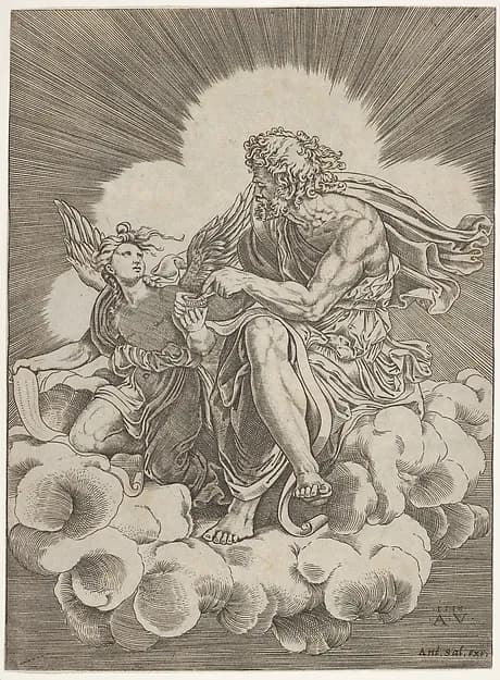 St. Matthew, seated on a cloud and dipping a quill into an inkwell held by an angel, who is also holding a scroll, from a series of the four evangelists after Giulio Romano by Agostino Veneziano (Agostino dei Musi) depicting Matthew 1
