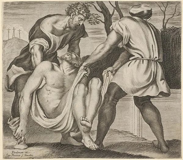 Entombment of Christ, two men lifting Christ into a tomb, with a shroud underneath the body, three crosses on Golgotha beyond by Giacomo Piccini depicting Matthew 27