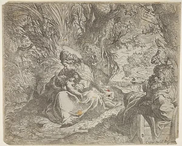 Rest on the flight into Egypt, the Virgin seated on grass in a grove with the Christ Child in her lap, at right Joseph reclines and points toward them, a donkey beyond Joseph by Camillo Procaccini depicting Matthew 2