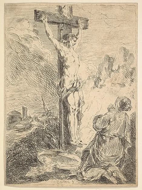 Mary Magdalene Praying at the Foot of the Cross by Michel François Dandré-Bardon depicting Mark 15