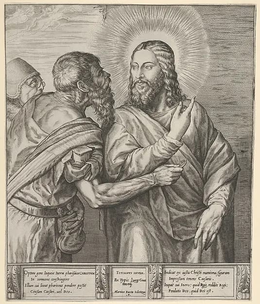 The Tribute Money: two Pharisees, one holding out a coin in his right hand, approach Christ from the left by Martino Rota depicting John 1